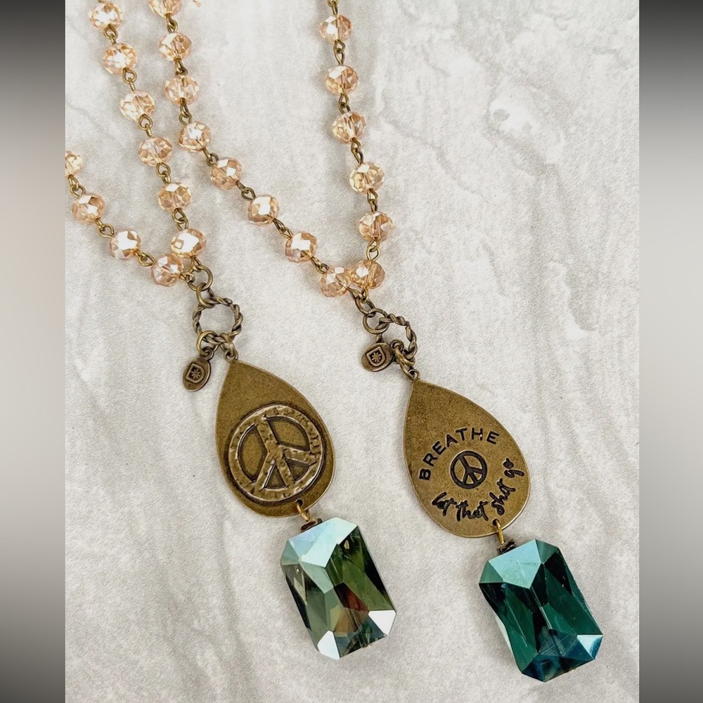 Breathe Peace Sign Motivational Necklace Bronze